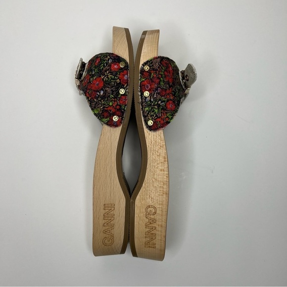 GANNI x Dr. Scholl's Red Floral Buckle Wooden Clog Slides Sandals Retro NEW - Picture 12 of 13